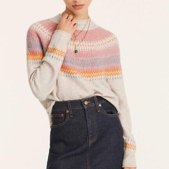 New J Crew Fair Isle Yoke Wool Alpaca Blend Pink Womens Sweater XS - Picture 1 of 9